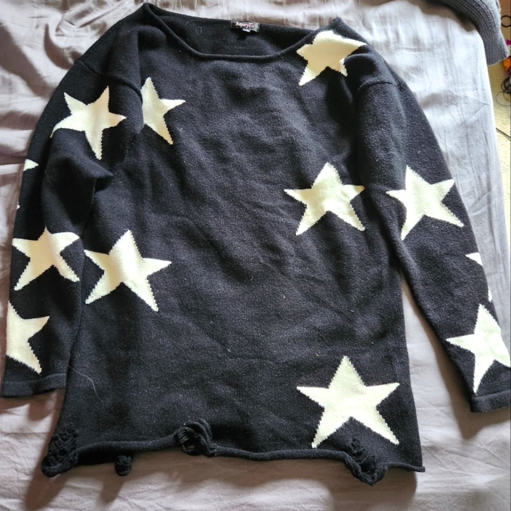 Amaryllis black oversized Sweater with Stars and ripped edge, size L/XL